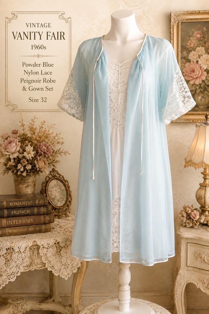 Vintage Vanity Fair Powder Blue Nylon Lace 1960s Peignoir Robe Gown Set Size 32